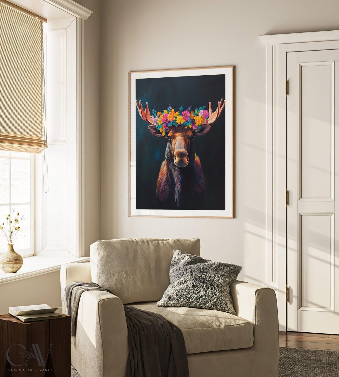 Moose With Colorful Flower Crown on Dark Teal Portrait Poster - Image 3