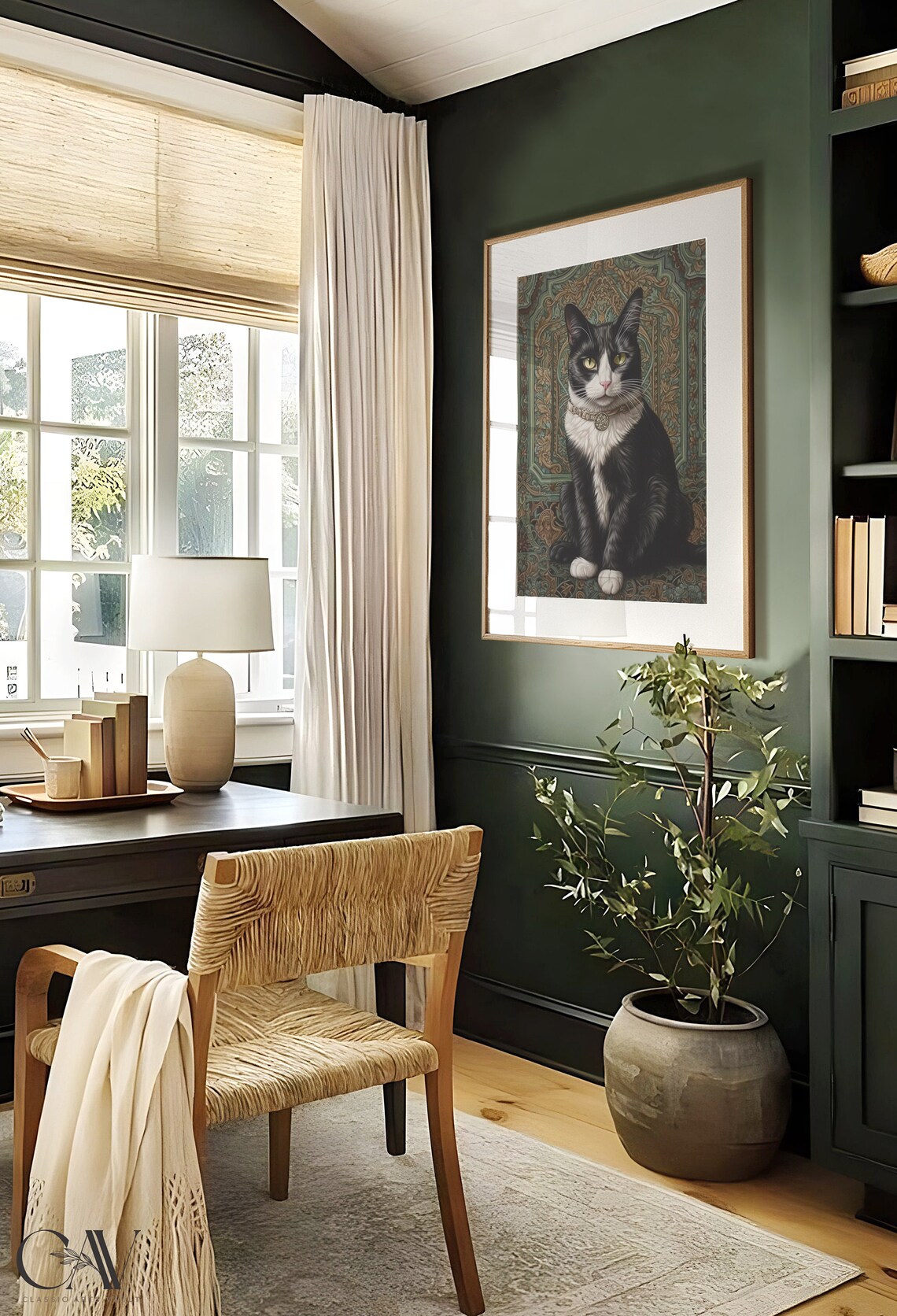 Tuxedo Cat William Morris Portrait Jeweled Collar Cat Lover Wall Art - Image 3