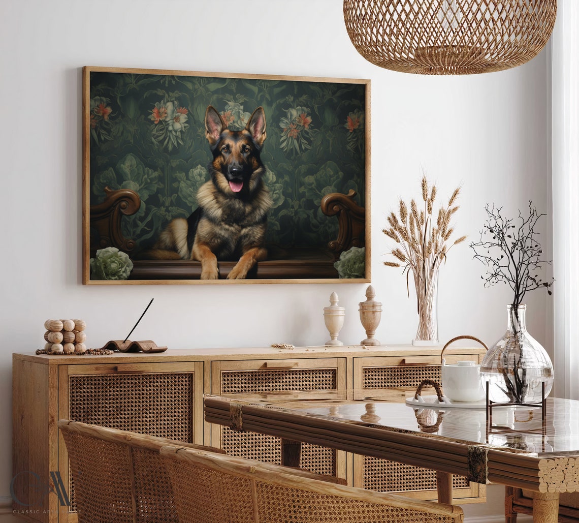 German Shepherd Lying Down On Dark Floral Bench Portrait Poster - Image 5