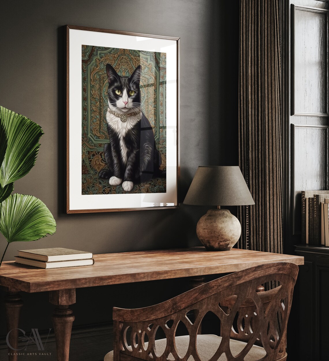 Tuxedo Cat William Morris Portrait Jeweled Collar Cat Lover Wall Art - Image 4