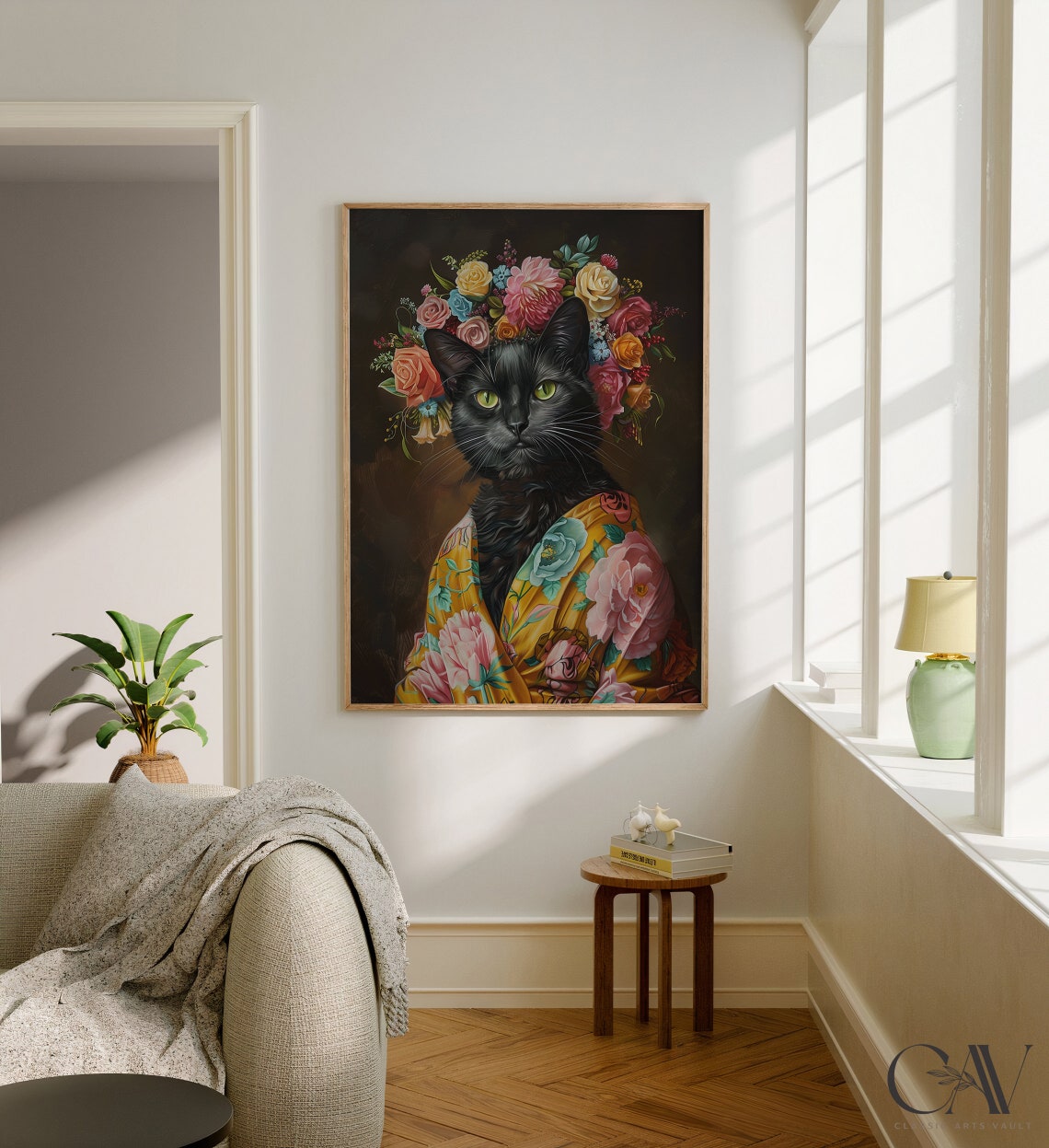 Black Cat with Flower Crown in Yellow Floral Kimono Art Print - Image 3