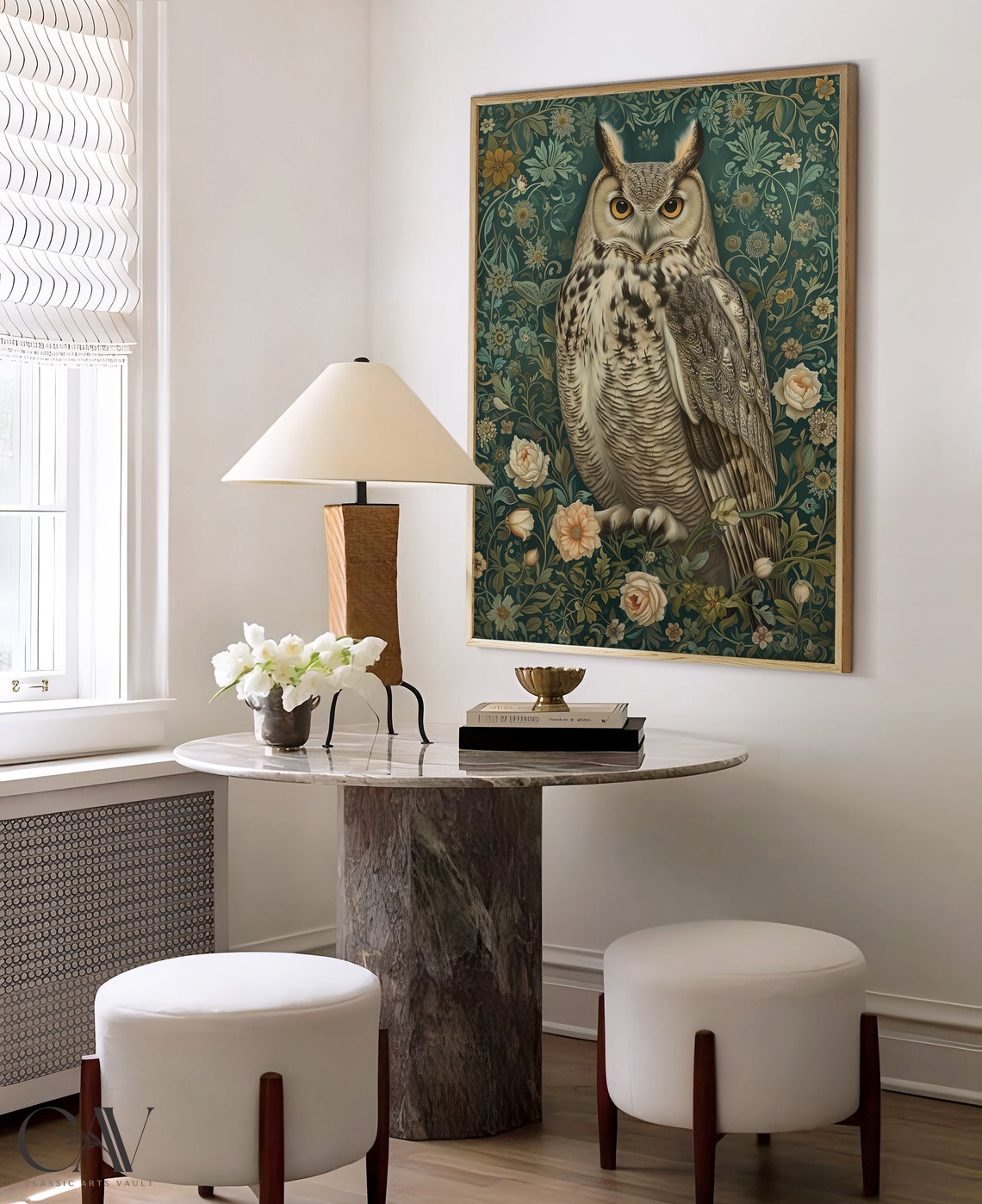 Great Horned Owl on Teal William Morris Floral Background Poster - Image 3