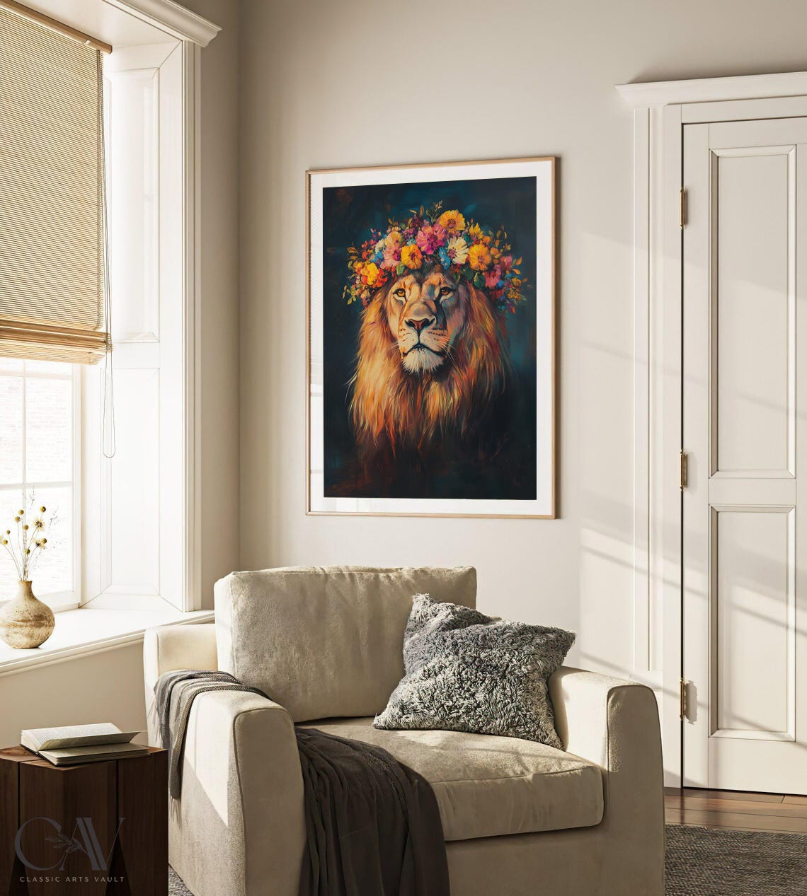 Lion Wearing Bright Floral Crown on Dark Background Art Poster - Image 3