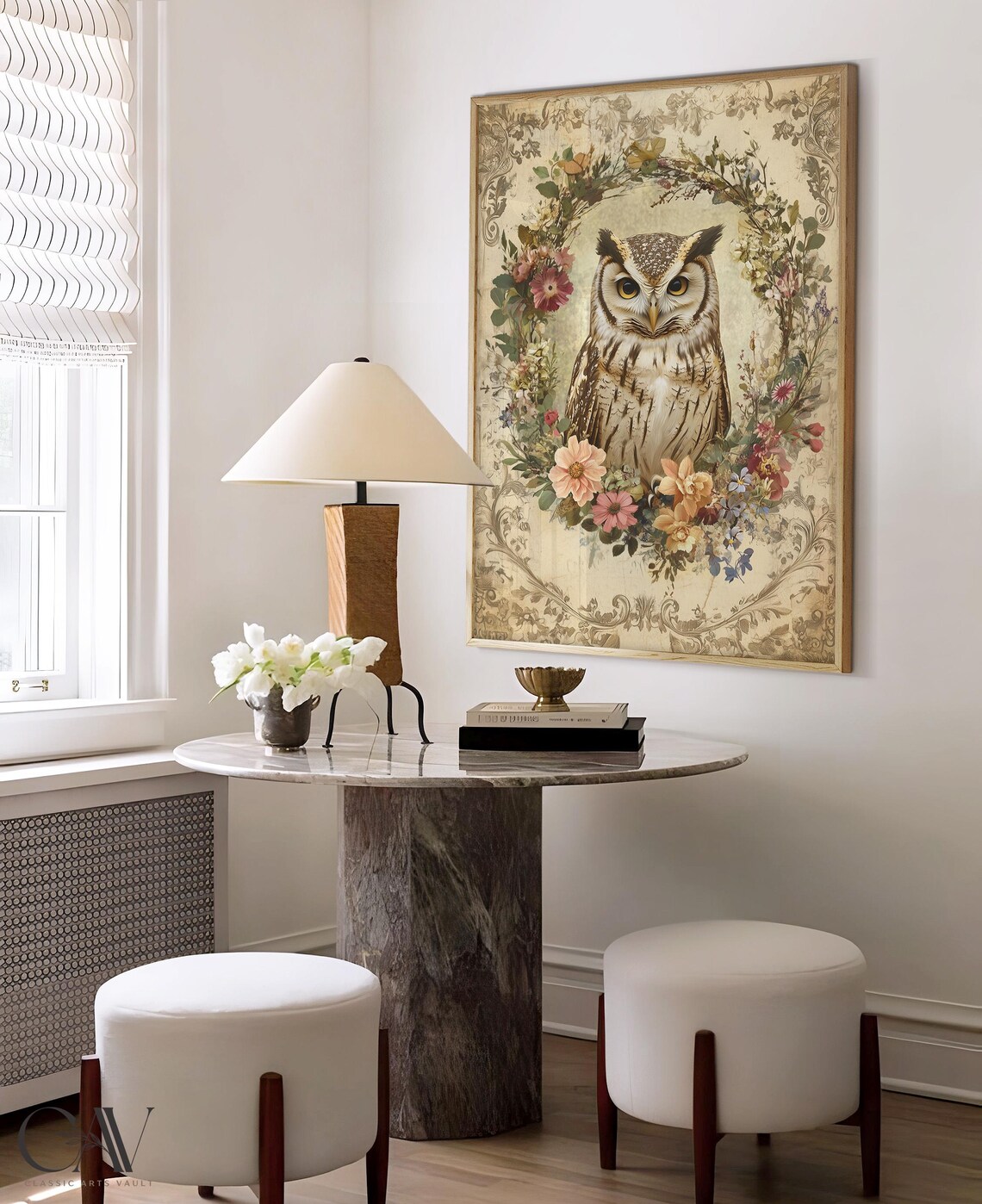 Vintage Owl Portrait In Floral Wreath On Aged Cream Paper Poster - Image 5