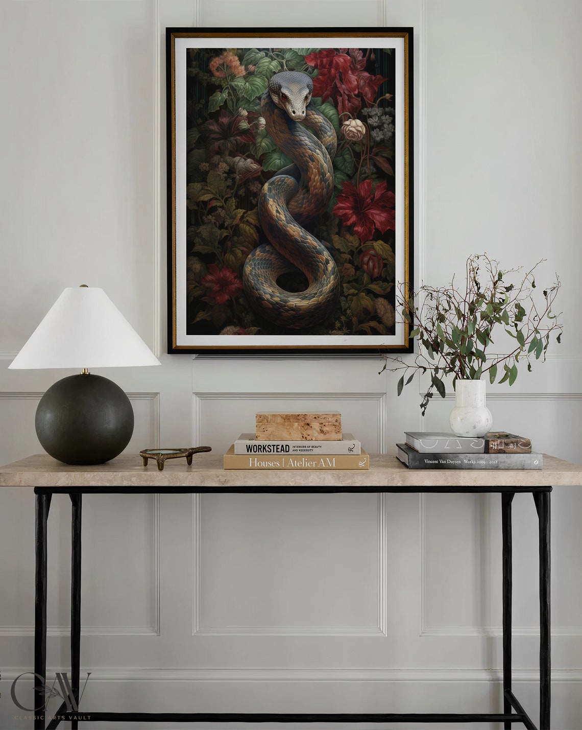 Coiled Snake Among Dark Red Flowers in Gold Frame Moody Poster - Image 3