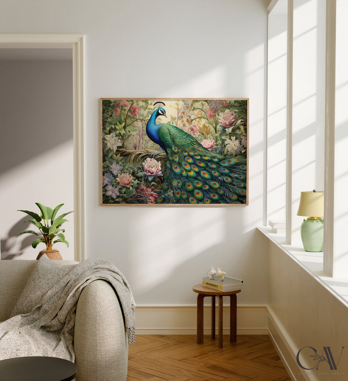Peacock Displaying Tail In Soft Romantic Flower Garden Poster - Image 2