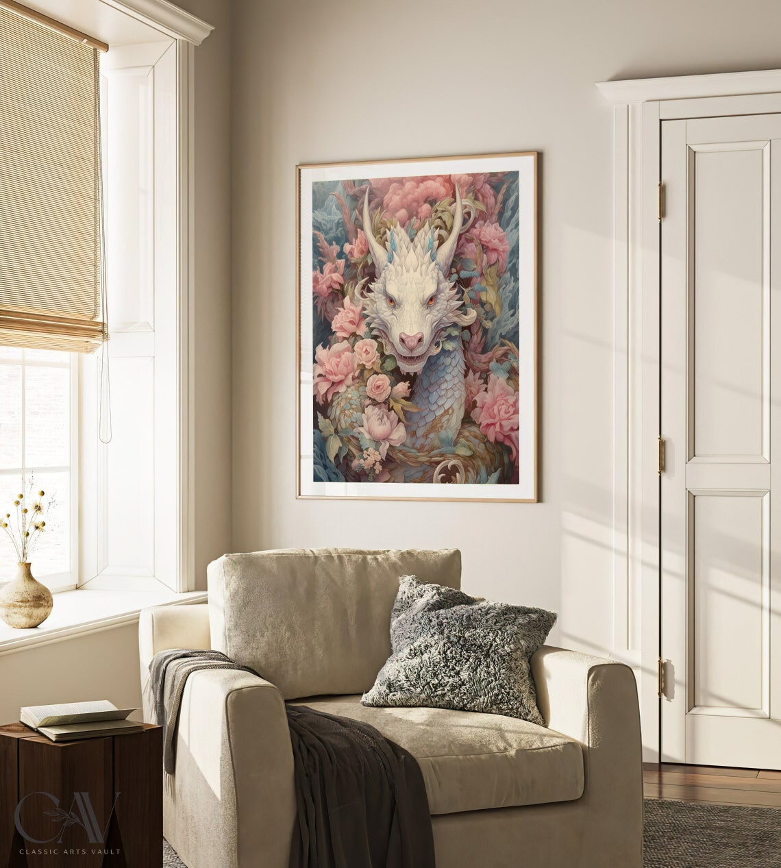 White Dragon Among Pink Peonies Coquette Rococo Fantasy Poster - Image 3