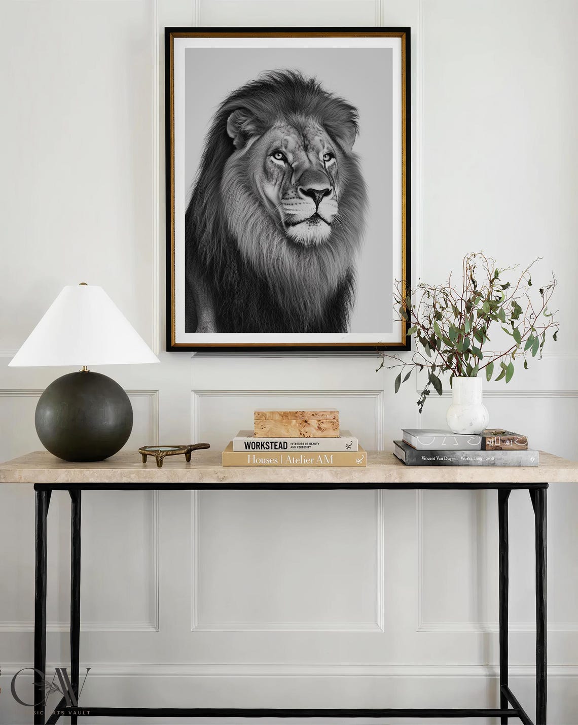 Male Lion With Full Mane Black and White Portrait Animal Wall Art - Image 4