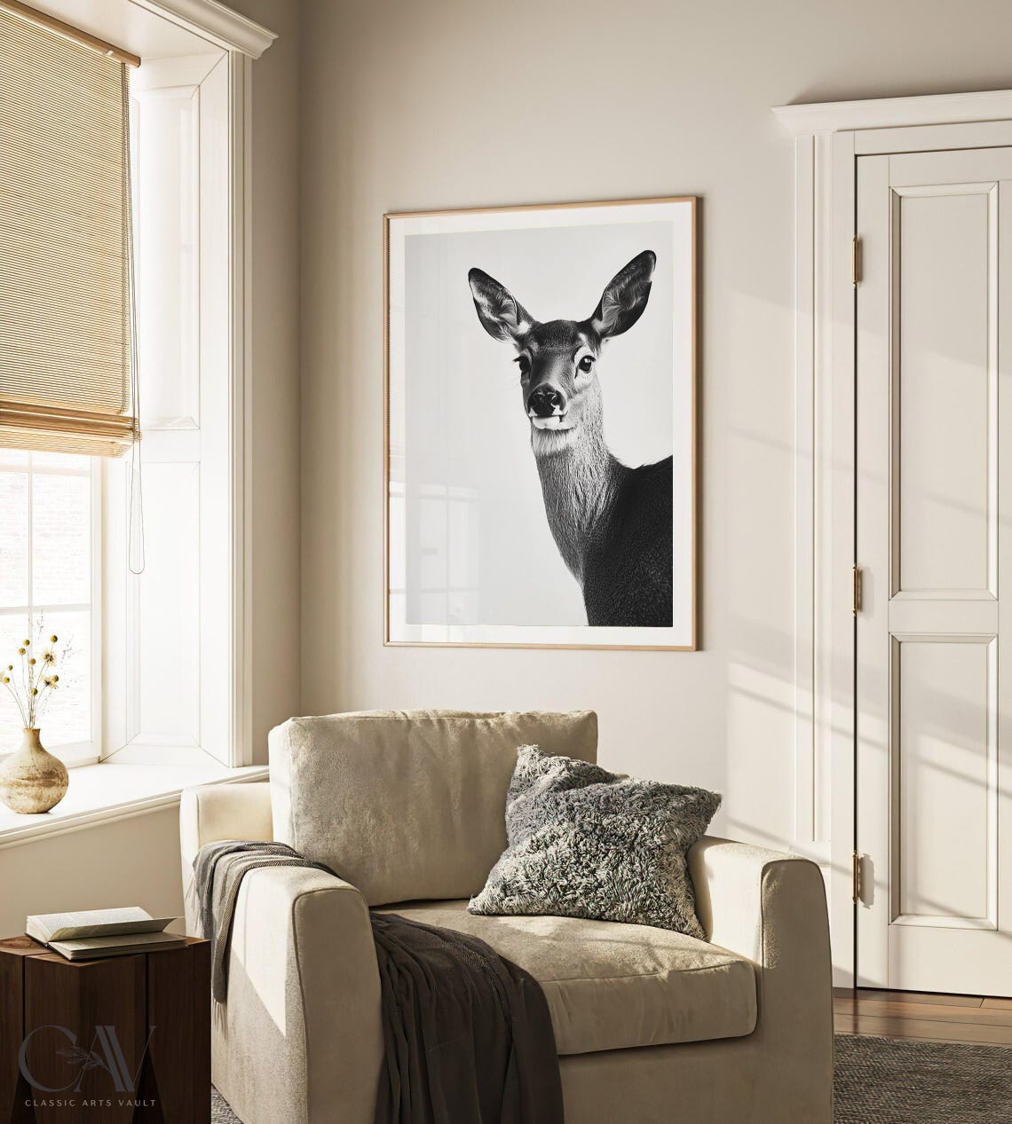 Black and White Deer Doe Portrait Gentle Wildlife Photography Poster - Image 3