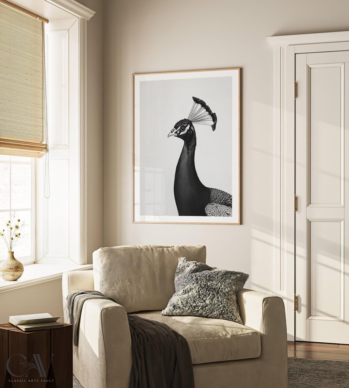 Black and White Peacock Side Profile Portrait Photography Poster - Image 2