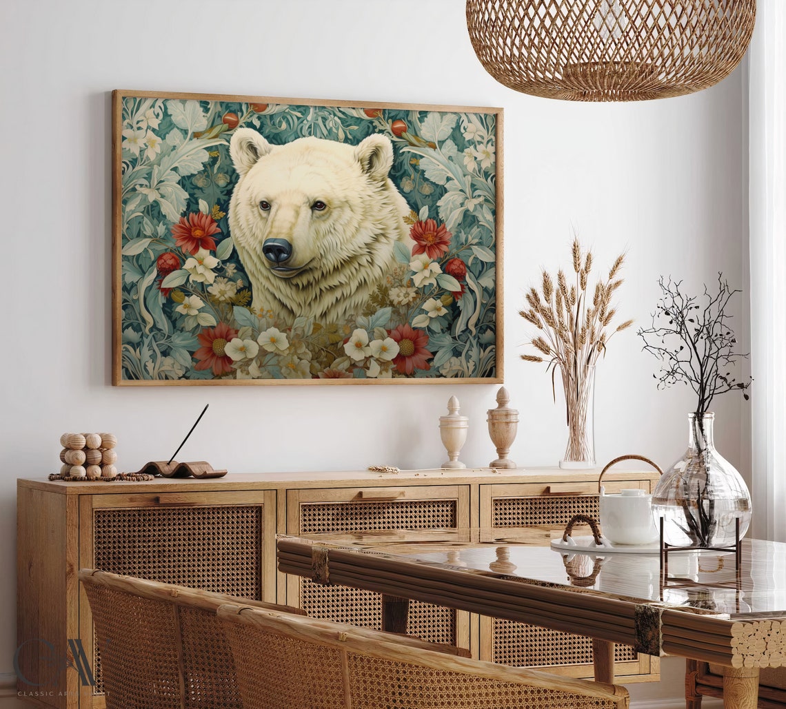 White Bear Floral Portrait Vintage Teal Botanical Art Poster - Image 3