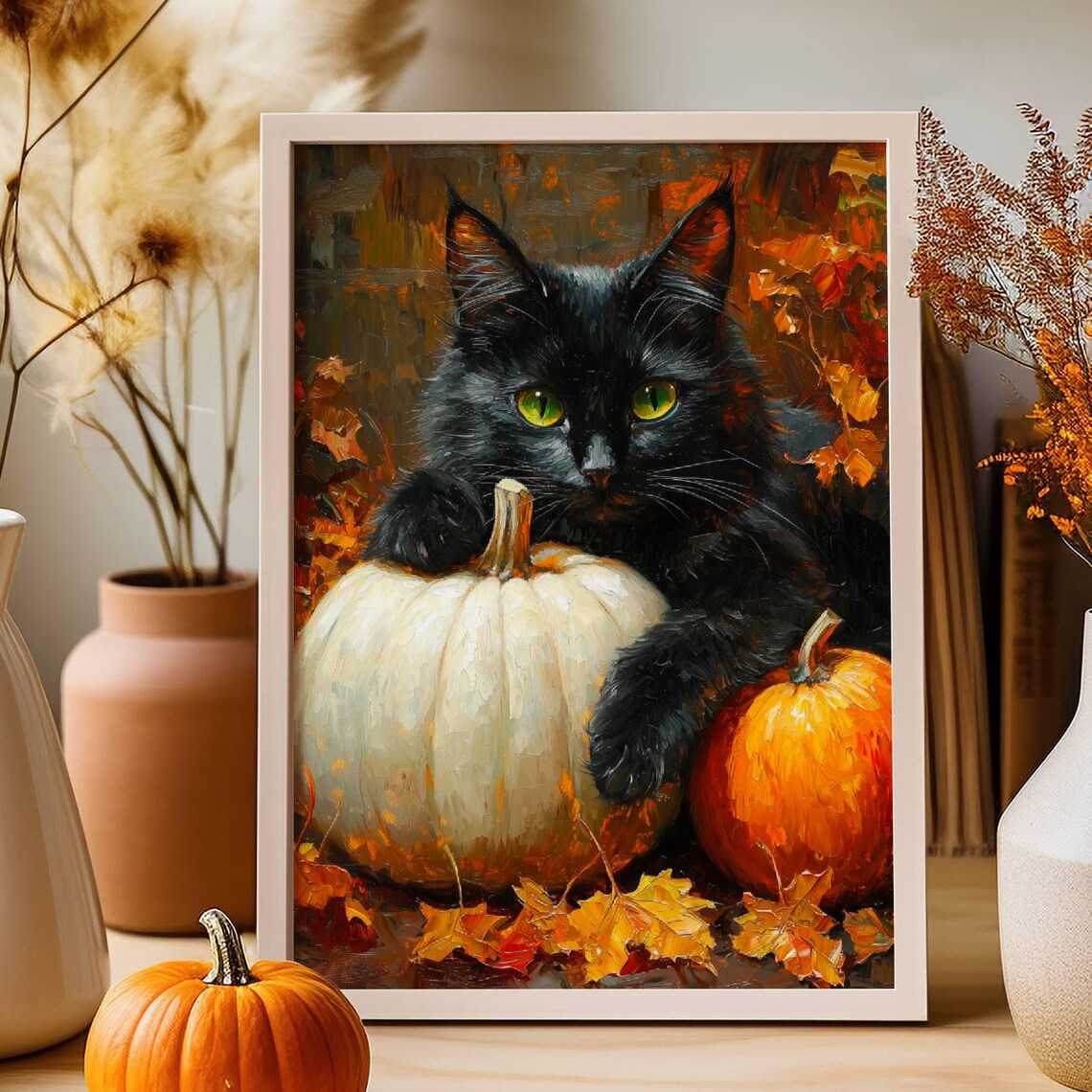 Black Cat With Pumpkins, Halloween Art Print