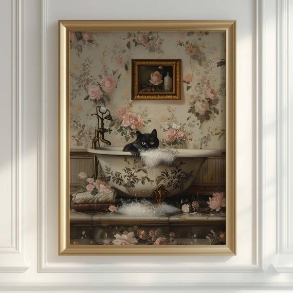 Black Cat in Bathtub, Whimsical Bathroom Art Print