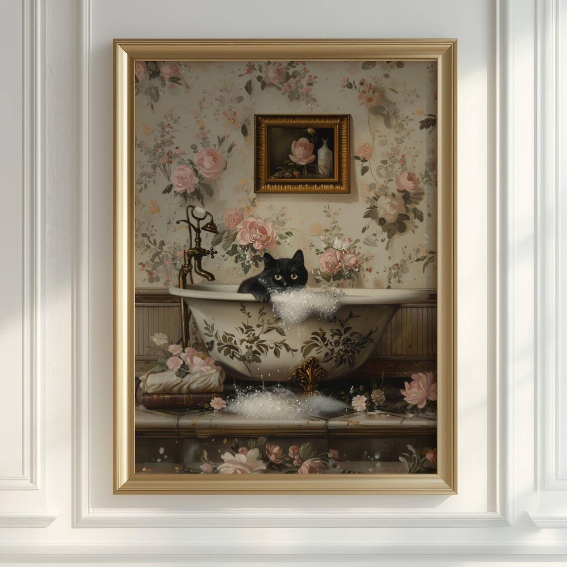 Black Cat in Bathtub, Whimsical Bathroom Art Print