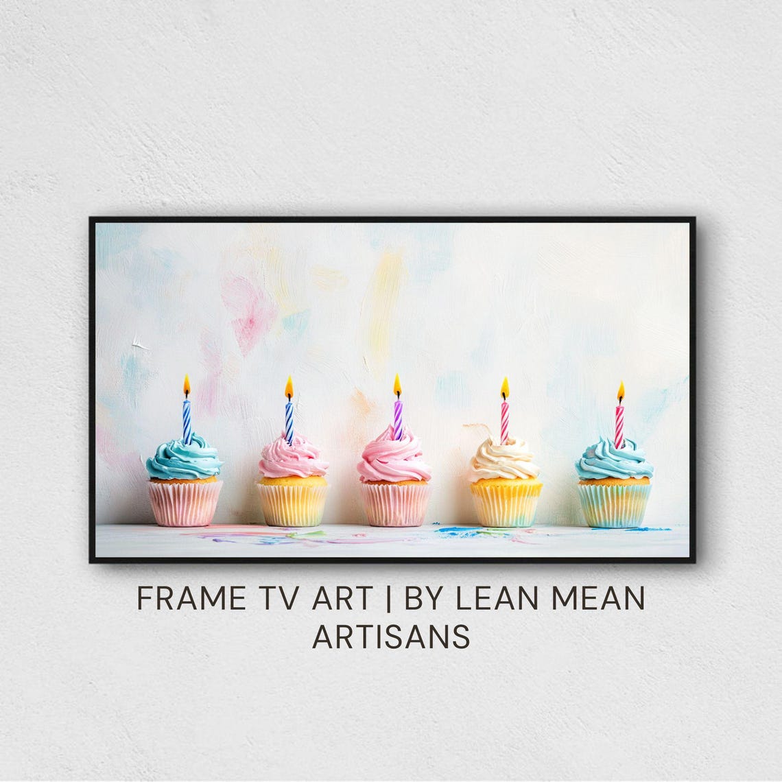 Five Birthday Cupcakes Lit Candles Pastel Party Celebration Wall Art