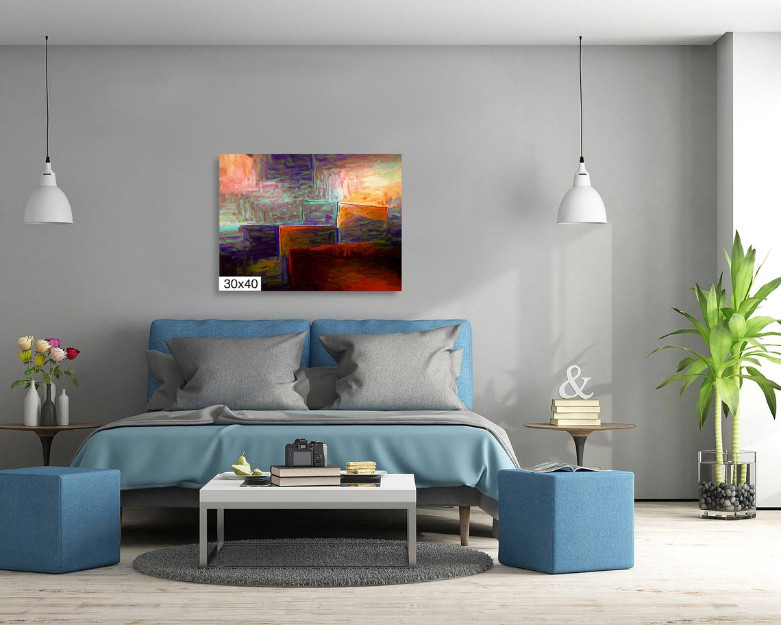 Contemporary Abstract Teal Purple Orange Color Wash Wall Art - Image 5