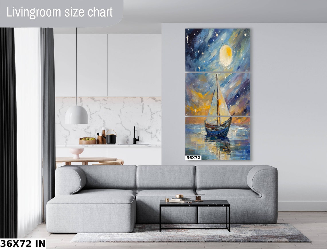 Moonlit Sailboat On Night Sea Starry Sky Nautical Wall Art Poster - Image 2