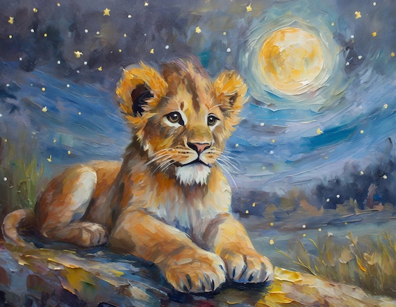 Brave Lion Cub Under Full Moon Starry Night Nursery Wall Art Poster
