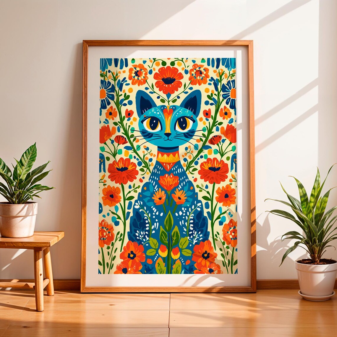Blue Folk Art Cat Red Flowers Scandinavian Boho Botanical Wall Art Print - Image 3