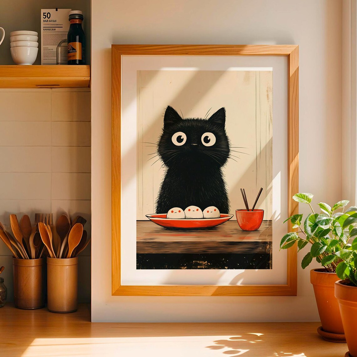 Funny Black Cat Steamed Dumplings Japanese Food Illustration Wall Art Print - Image 4