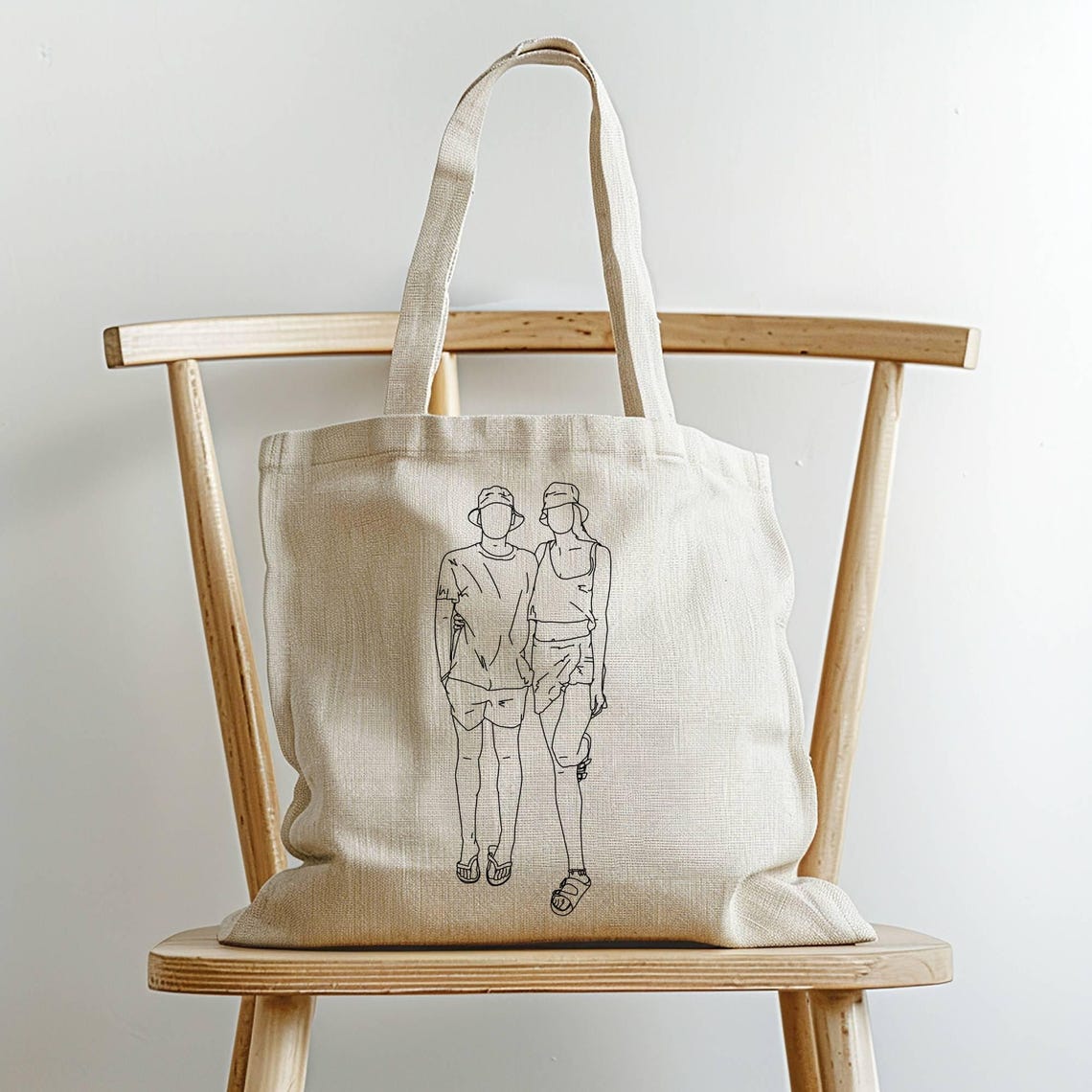 Summer Couple Line Illustration Custom Canvas Tote Bag Art Poster