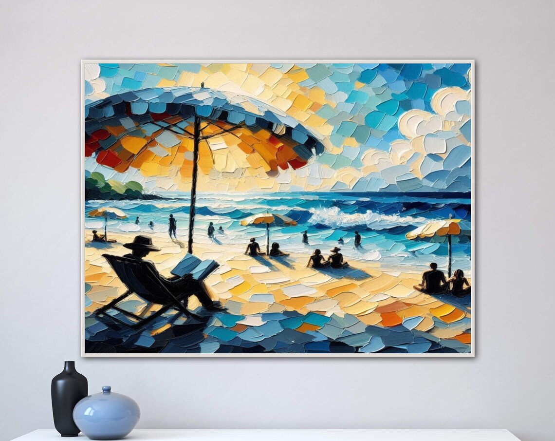Sunlit Beach Umbrella Crowd Impasto Panoramic Coastal Art Poster