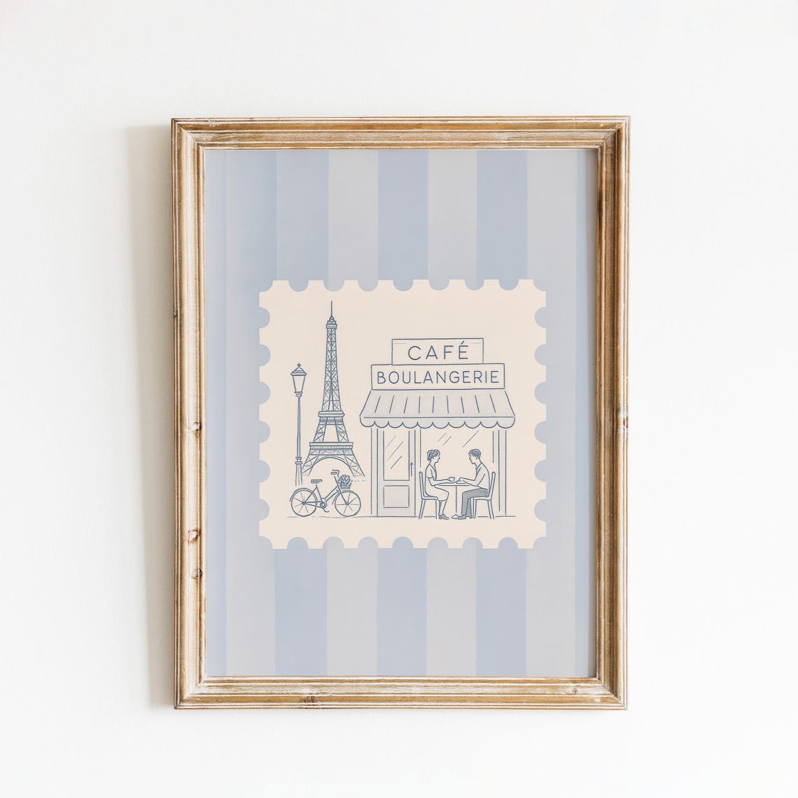 Paris Cafe Scene With Eiffel Tower Blue Striped Stamp Poster