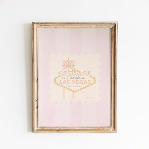 Las Vegas Poster Nevada Wall Art Stamp Style Pink Retro Travel Illustration