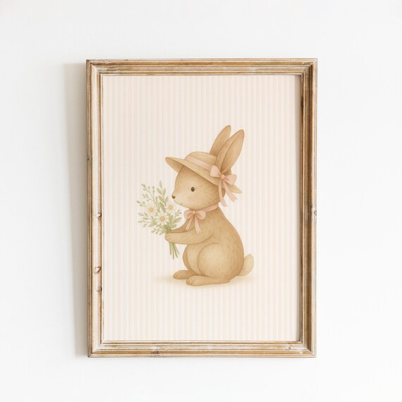 Pastel Bunny In Straw Hat Holding Daisy Bouquet Nursery Poster