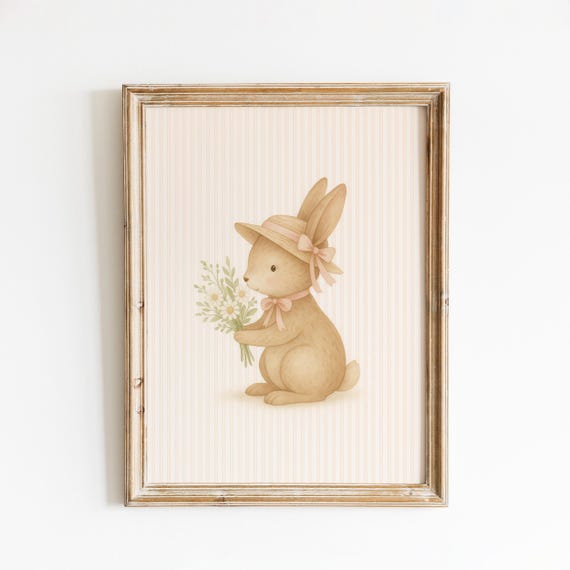 Pastel Bunny Nursery Poster Baby Rabbit Wall Art With Flowers And Hat