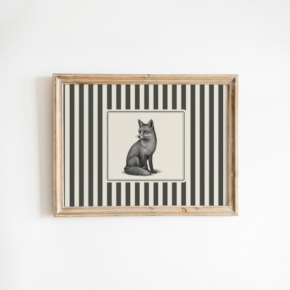 Fox Wall Art Vintage Illustration With Striped Gothic Background