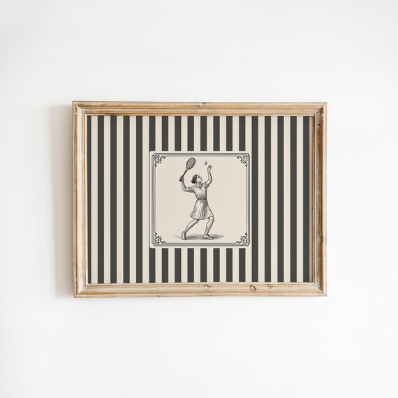 Vintage Tennis Player Serve Engraving Black Striped Sports Poster