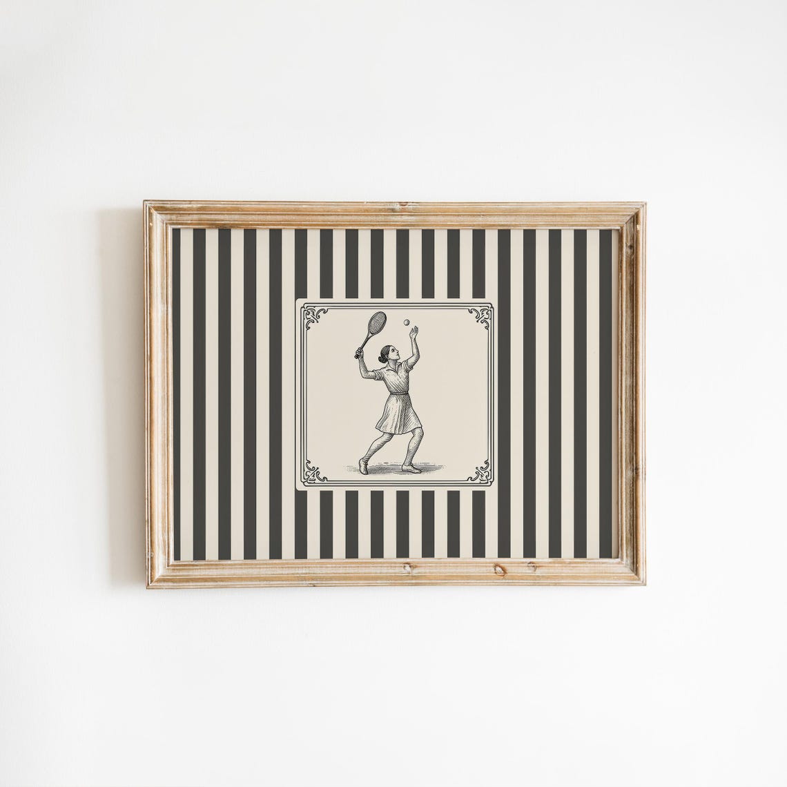 Vintage Tennis Player Serve Engraving Black Striped Sports Poster