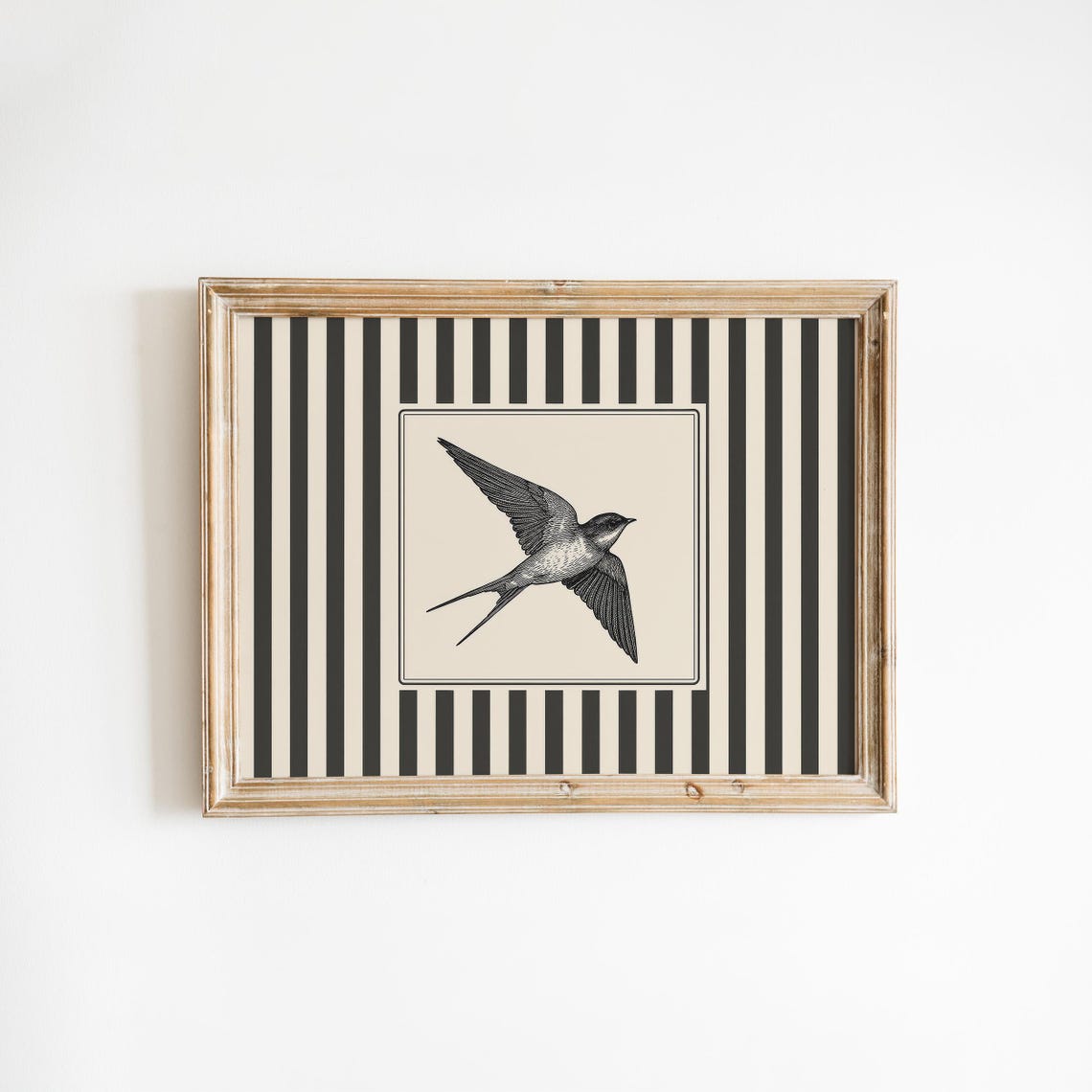 Swallow Bird Vintage Flight Illustration Striped Background Wall Art