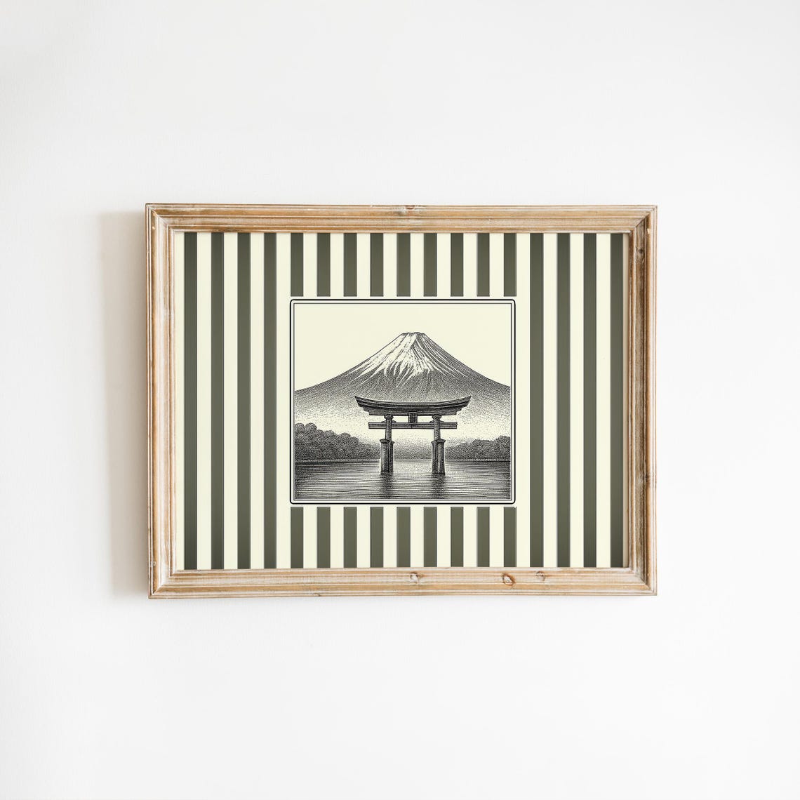 Mount Fuji Torii Gate Engraving Olive Striped Japanese Art Poster