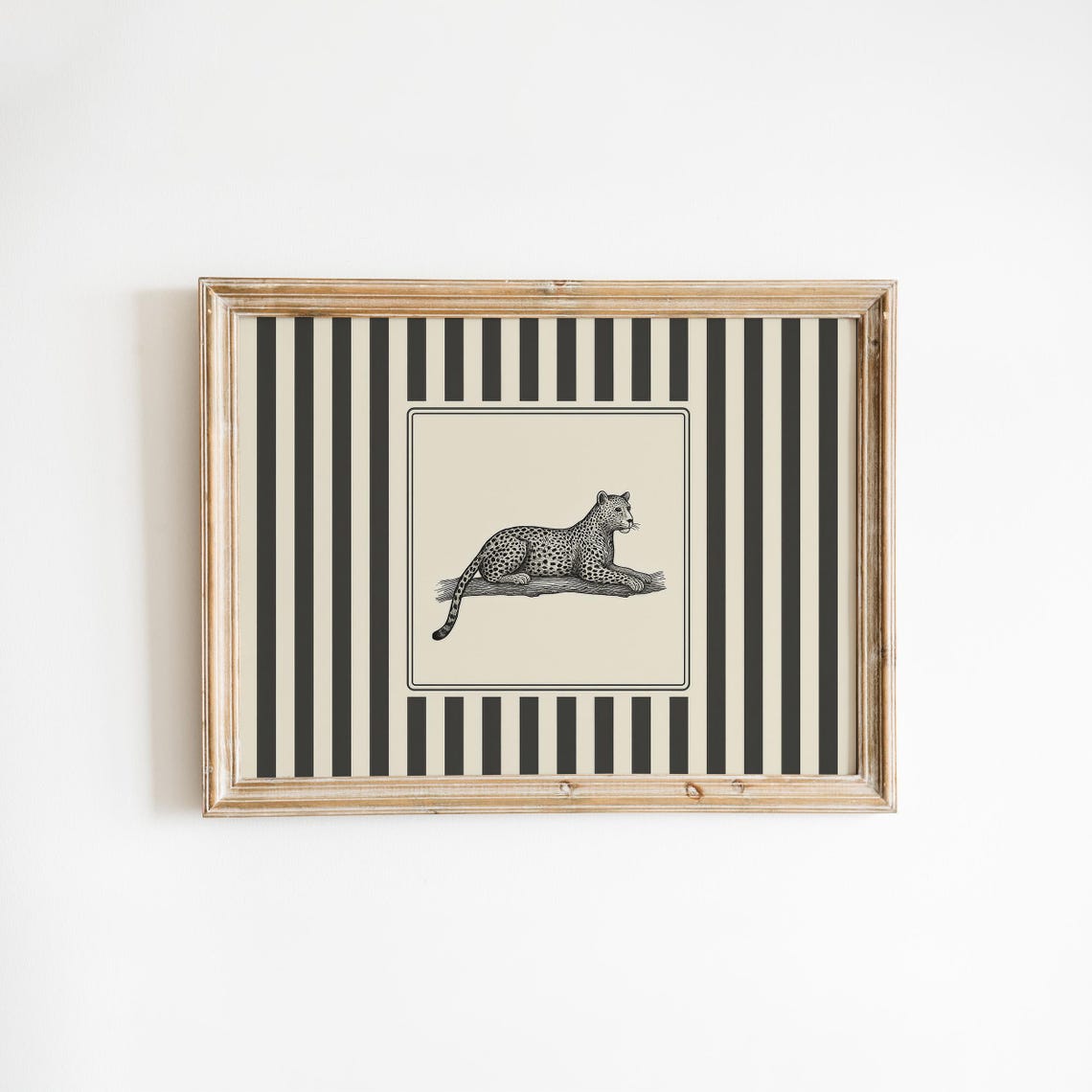 Reclining Leopard Vintage Big Cat Illustration Striped Wall Art