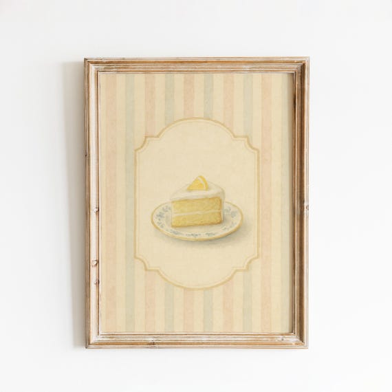 Lemon Cake Slice Print Vintage Pastel Kitchen Wall Art