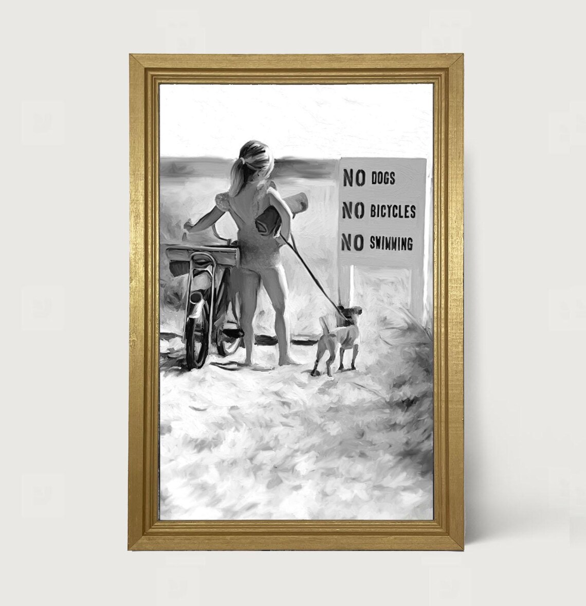 No Swimming Sign Beach Girl Bike Dog Funny Black White Humor Wall Art
