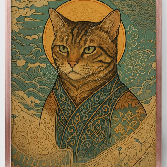 Tabby Cat In Ornate Robe Art Nouveau Wave Illustration Wall Art