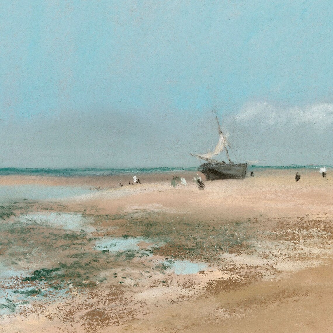 Wide Sandy Beach Sailboat Distant Figures Minimalist Pastel Seascape Poster - Image 2