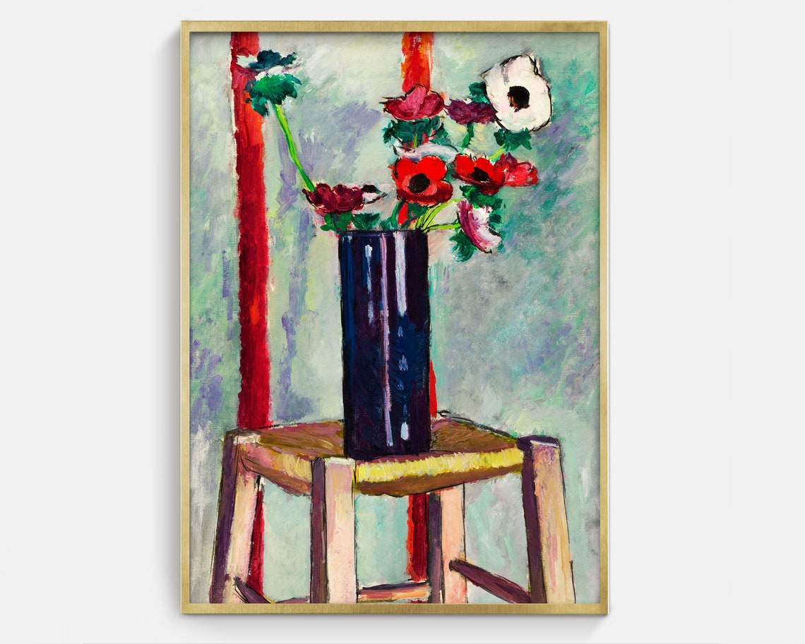 Red Anemones In Blue Vase Bold Floral Still Life Painting Poster