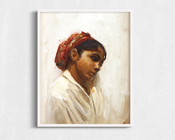 Paola Portrait Girl In Red Headscarf Vintage Watercolor Art Poster
