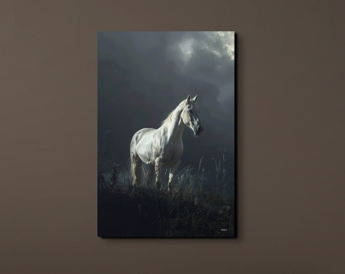 White Horse Standing In Dark Stormy Field Dramatic Equine Poster