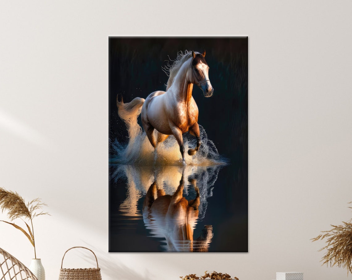 White Horse Galloping Through Water Dramatic Reflection Poster