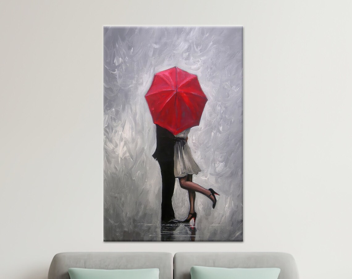 Couple Kissing Under Red Umbrella Rain Romantic Painting Poster