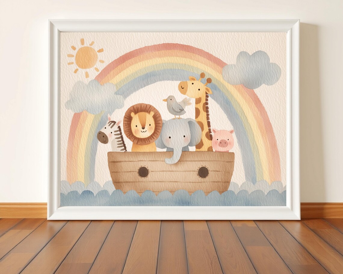 Noah's Ark Animals Watercolor Nursery Rainbow Baby Room Wall Art