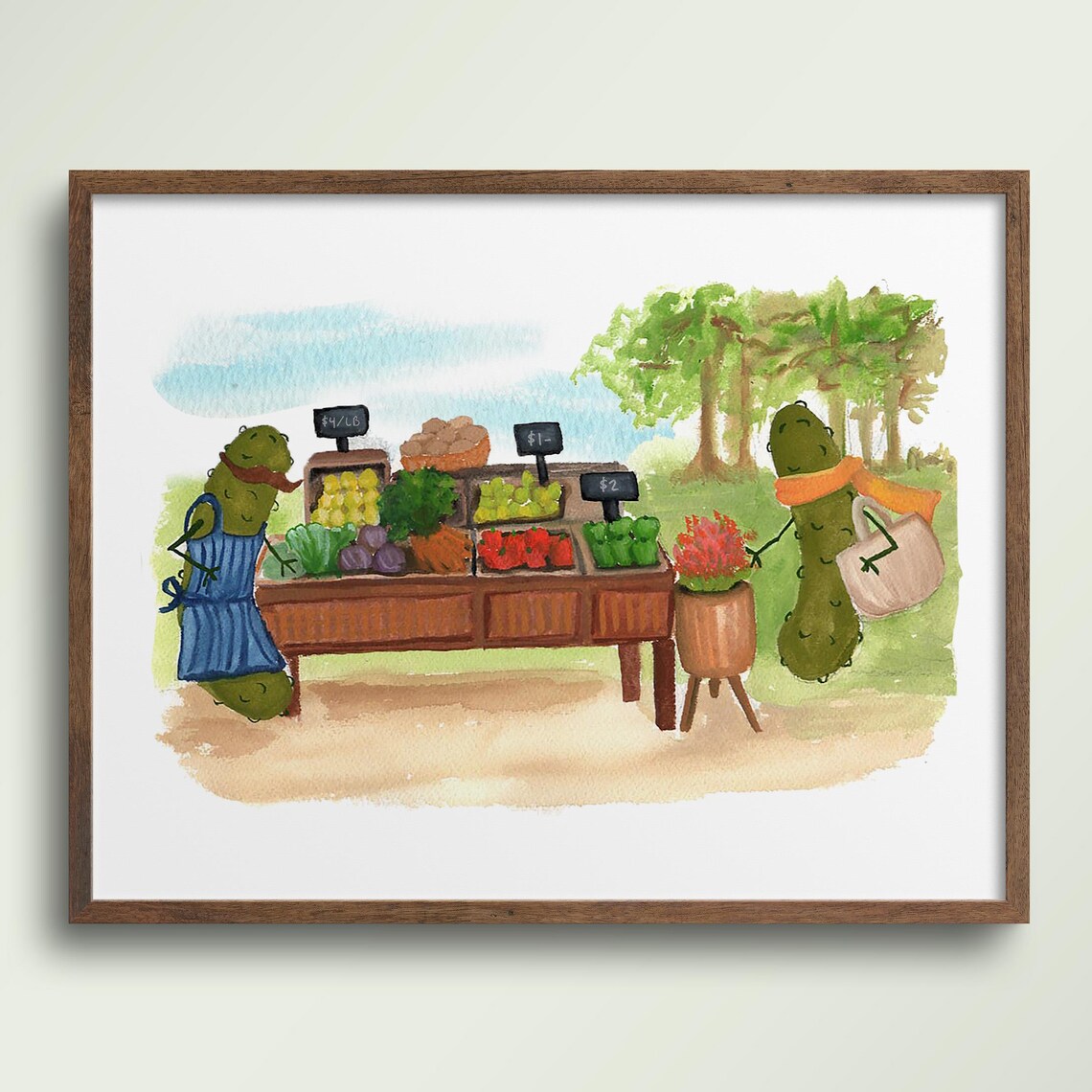 Whimsical Pickle Characters Farmers Market Stand Watercolor Poster