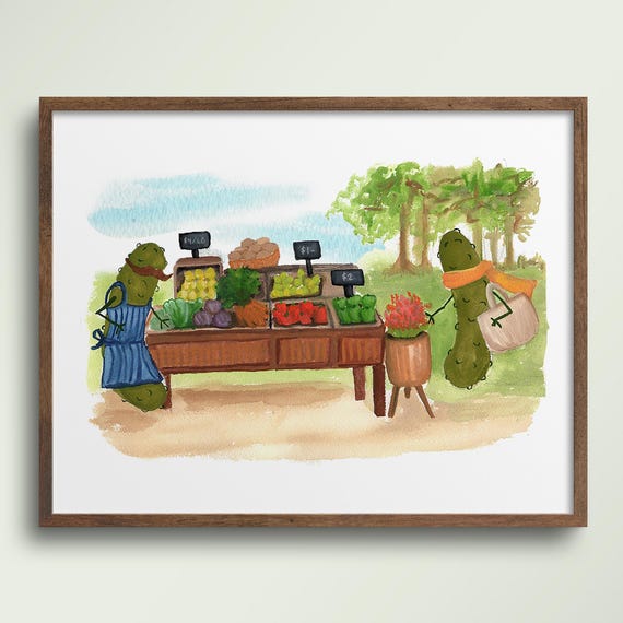Whimsical Pickle Shopping At The Farmers Market Watercolor Art Print