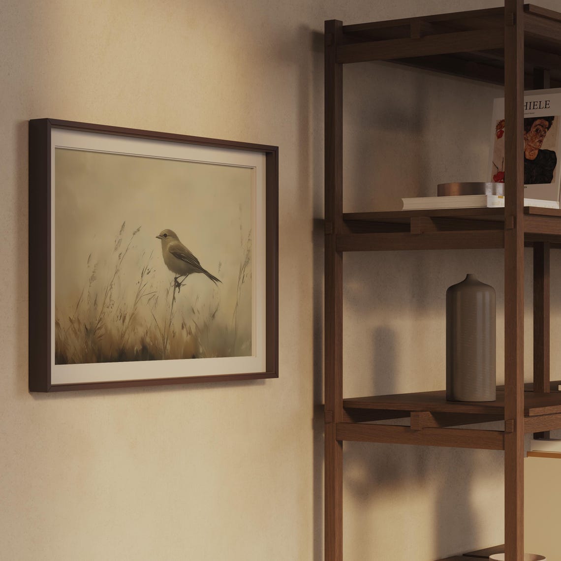 Small Brown Bird Perched on a Twig Soft Neutral Wildlife Art Print - Image 2