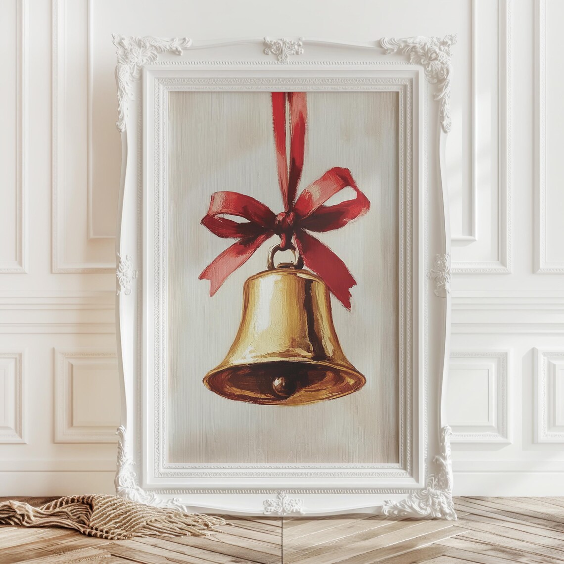 Golden Christmas Bell With Red Ribbon Bow Painterly Art Poster